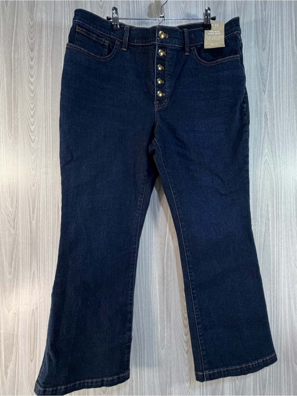 Madewell Women’s Mid-Rise Kick Out Jeans 32 Dark‎ Blue Wash Stretch Denim Button